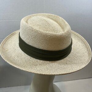 Natural Fiber Straw Fedora Casual Sun Hat w/Pleated Green Band